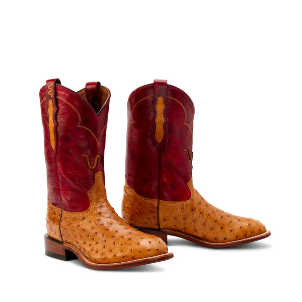 Men s 11 Antique Saddle Full Quill Ostrich Cowboy Boots with White Sole Stitch King Ranch Saddle Shop